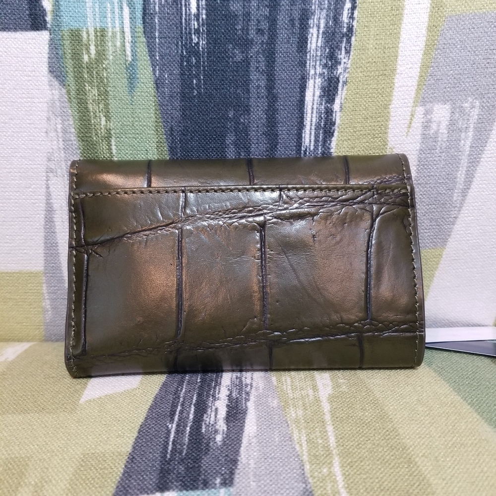 Dooney & Bourke Denison Flap Wallet In Olive Croco Effect Trifold Wallet - Picture 8 of 14